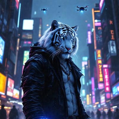 The primary subject of the image is a man wearing a tiger mask, standing in a city with a lot of neon lights. The setting is a busy city street with people walking around. The visual style is a digital art, and the colors and mood are vibrant and lively.
